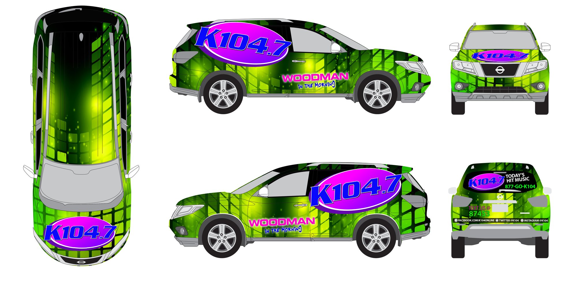 K104.7 vehicle wrap — six-view production spec sheet, designed by Amanda Davis